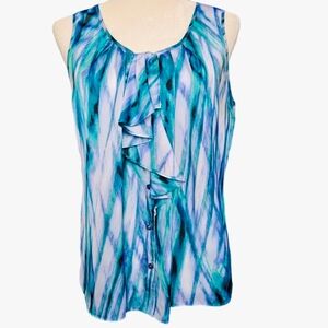 Anne Klein green-blue purple sleeveless blouse top abstract pattern ruffled neck